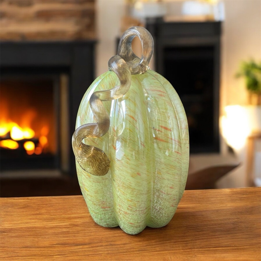 Murano Style Hand Blown Glass Yellow Green Pumpkin 10" Fall Decor